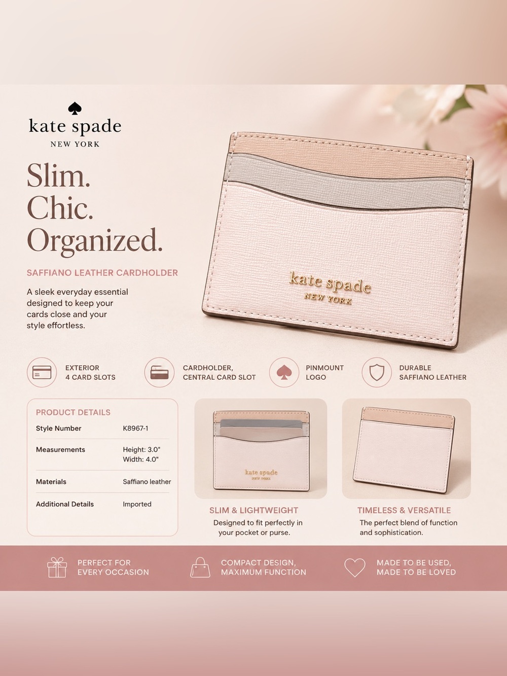 Kate Spade New York Saffiano Leather Slim Card Holder Wallet Blush Pink